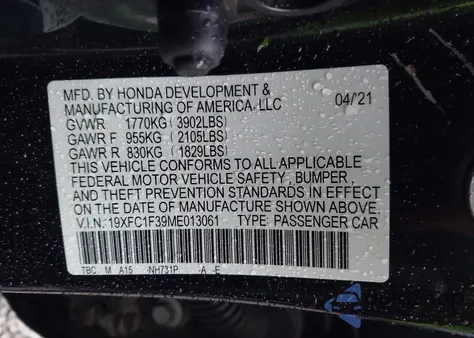 2021 Honda Civic Ex z USA, uszkodzony, nr VIN 19XFC1F39ME013061